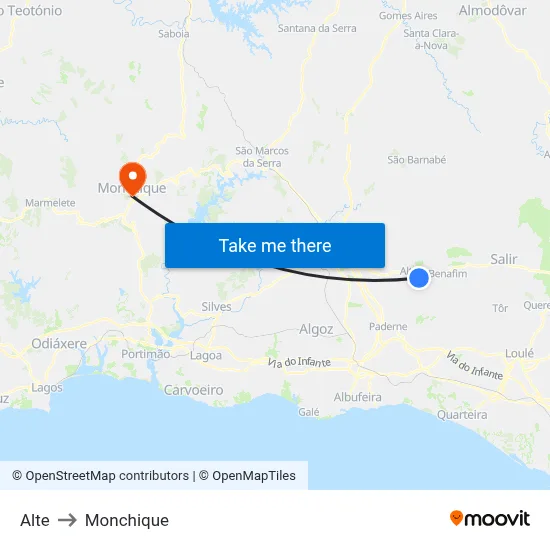 Alte to Monchique map
