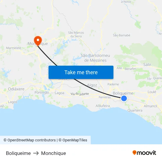 Boliqueime to Monchique map