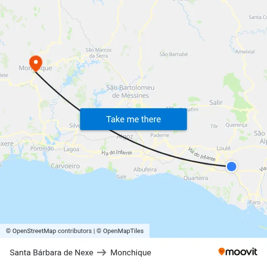 Santa Bárbara de Nexe to Monchique map