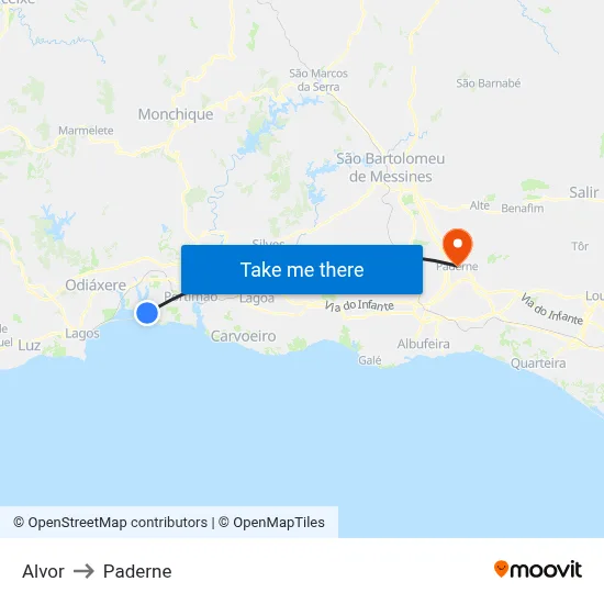 Alvor to Paderne map
