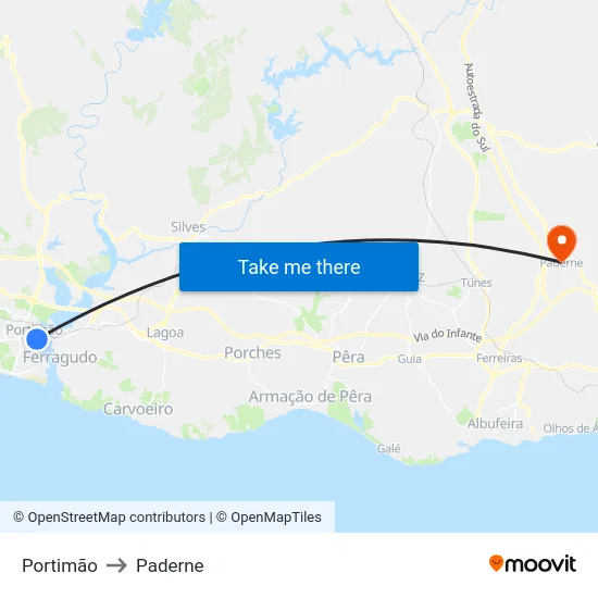 Portimão to Paderne map