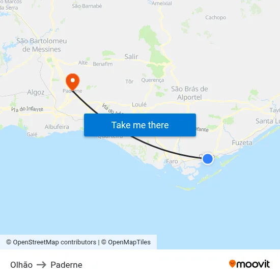 Olhão to Paderne map