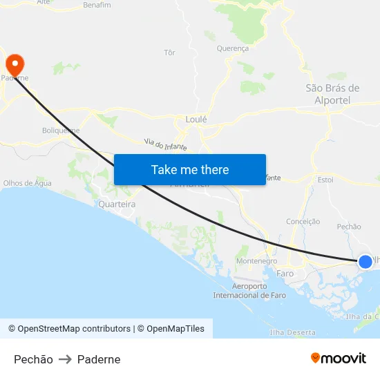 Pechão to Paderne map