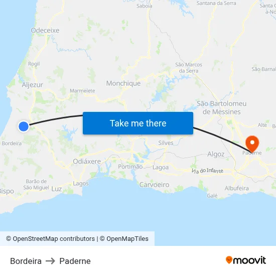 Bordeira to Paderne map