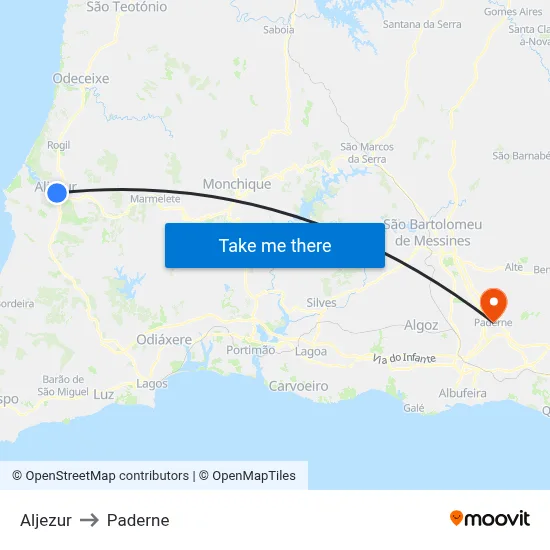 Aljezur to Paderne map
