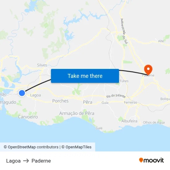 Lagoa to Paderne map