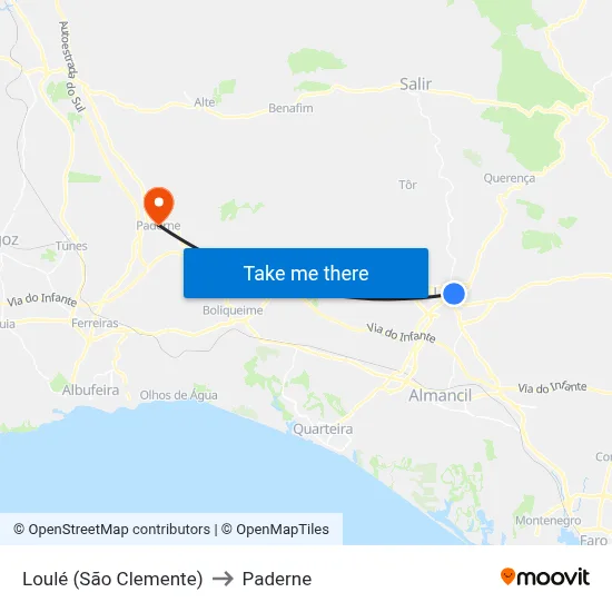 Loulé (São Clemente) to Paderne map