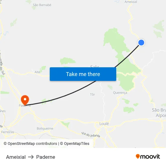 Ameixial to Paderne map