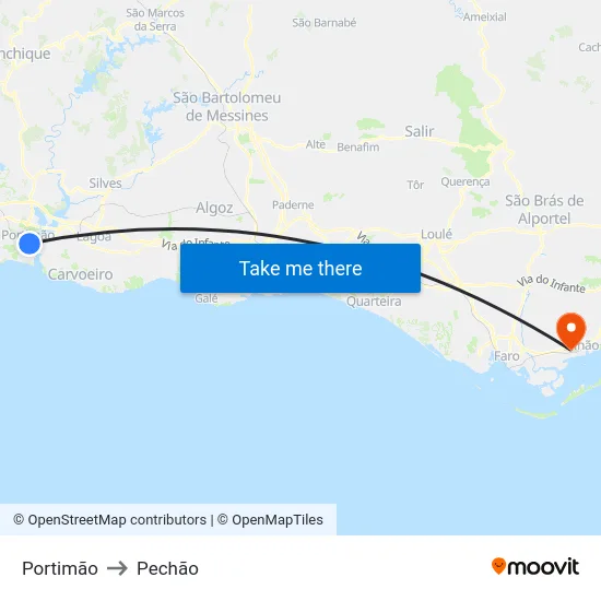 Portimão to Pechão map