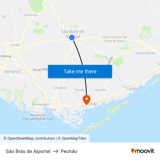 São Brás de Alportel to Pechão map