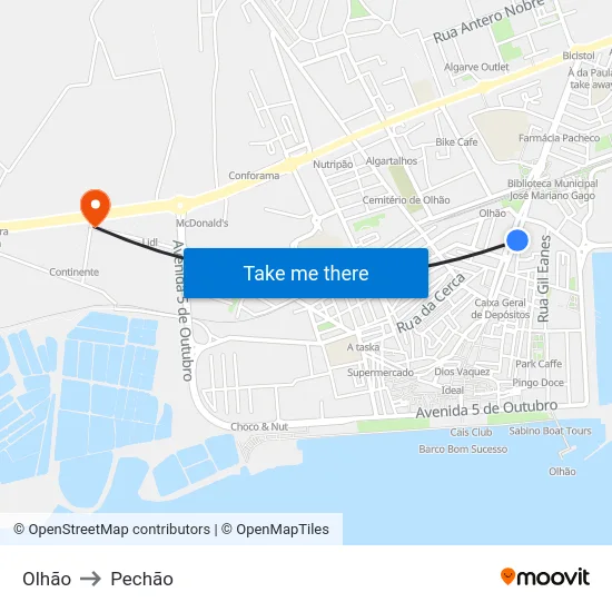 Olhão to Pechão map