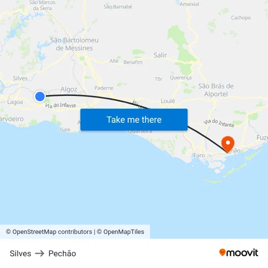 Silves to Pechão map