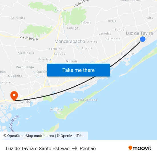 Luz de Tavira e Santo Estêvão to Pechão map