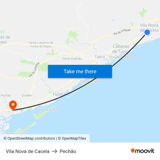Vila Nova de Cacela to Pechão map