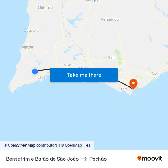 Bensafrim e Barão de São João to Pechão map