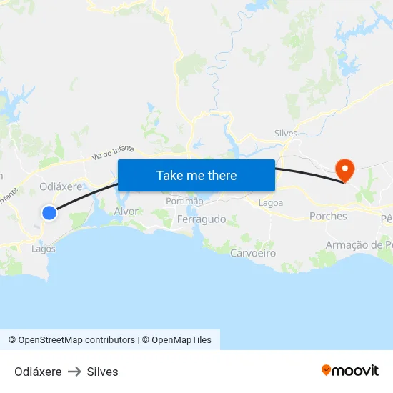 Odiáxere to Silves map
