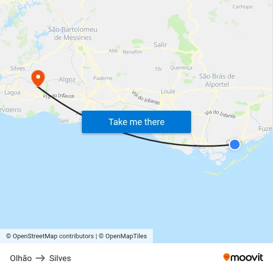 Olhão to Silves map