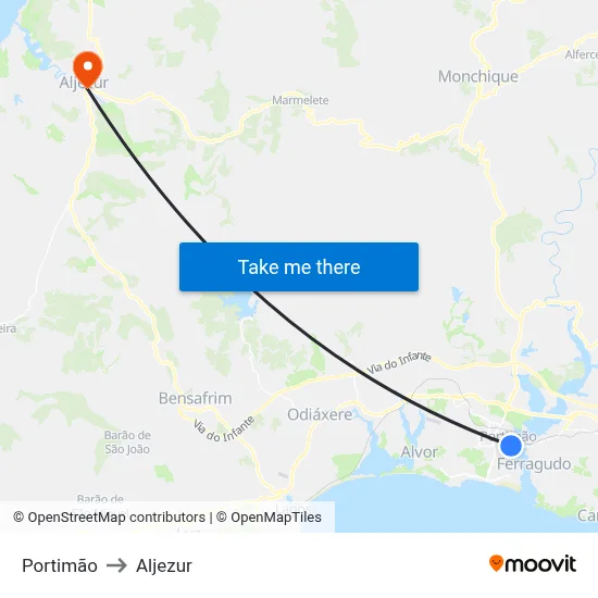 Portimão to Aljezur map