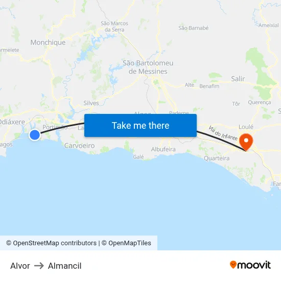 Alvor to Almancil map