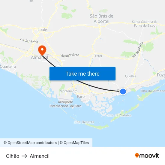 Olhão to Almancil map