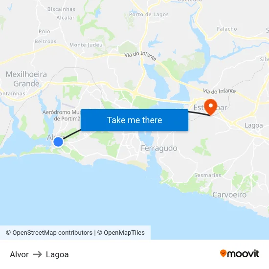 Alvor to Lagoa map