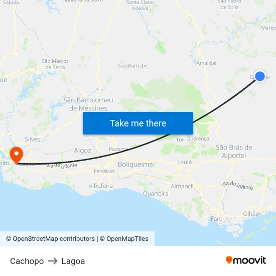 Cachopo to Lagoa map