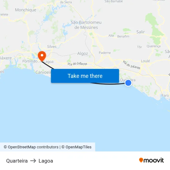 Quarteira to Lagoa map