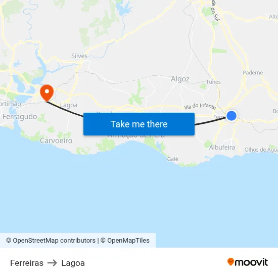 Ferreiras to Lagoa map