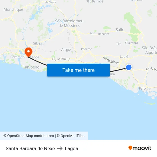 Santa Bárbara de Nexe to Lagoa map