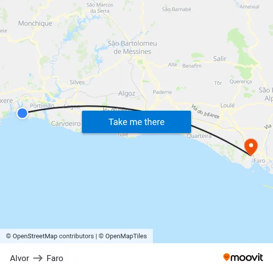 Alvor to Faro map