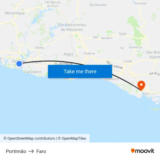 Portimão to Faro map