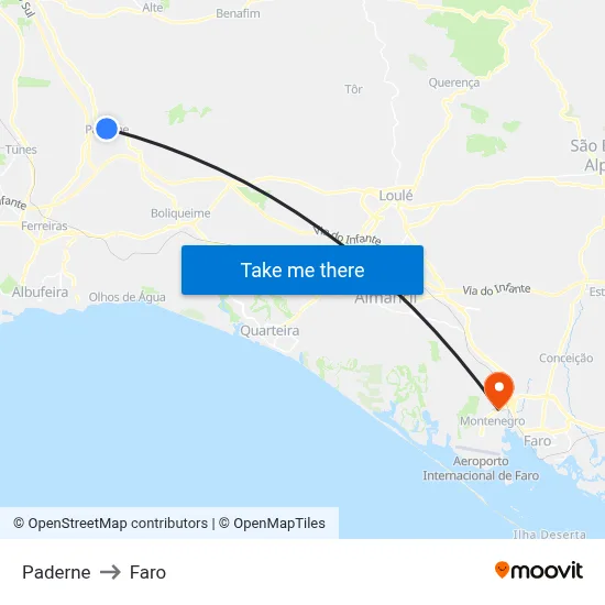 Paderne to Faro map