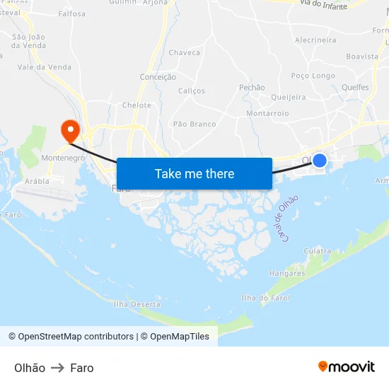 Olhão to Faro map