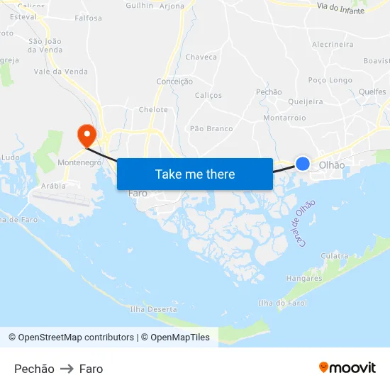 Pechão to Faro map