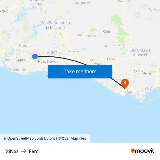 Silves to Faro map
