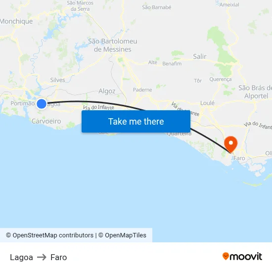 Lagoa to Faro map