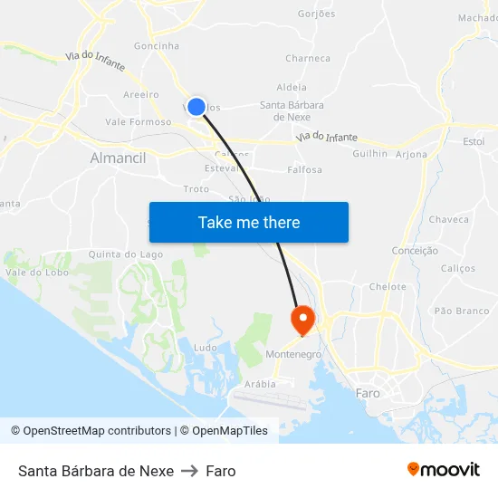 Santa Bárbara de Nexe to Faro map