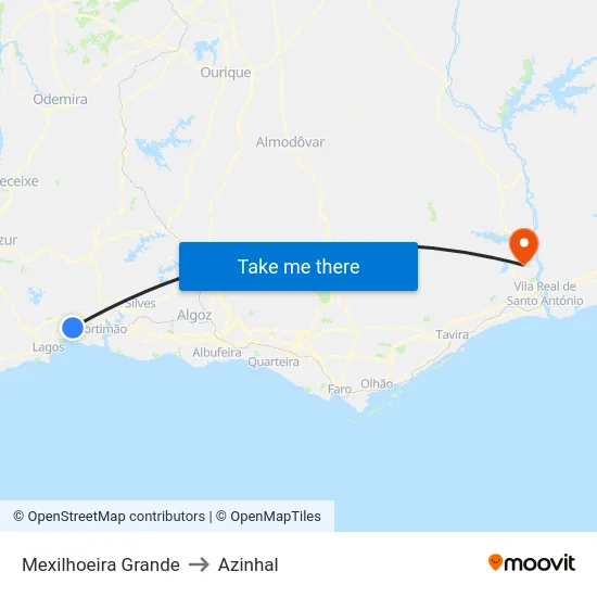 Mexilhoeira Grande to Azinhal map