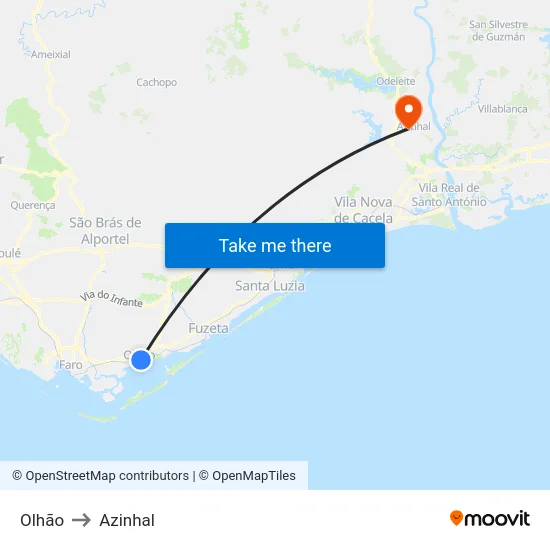 Olhão to Azinhal map