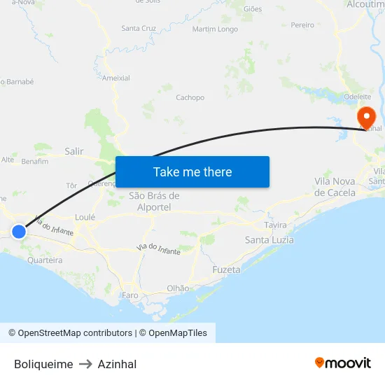 Boliqueime to Azinhal map