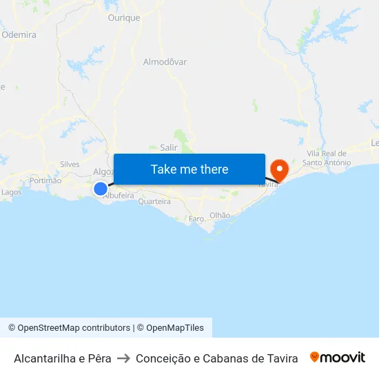 Alcantarilha e Pêra to Conceição e Cabanas de Tavira map