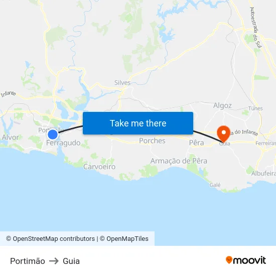 Portimão to Guia map