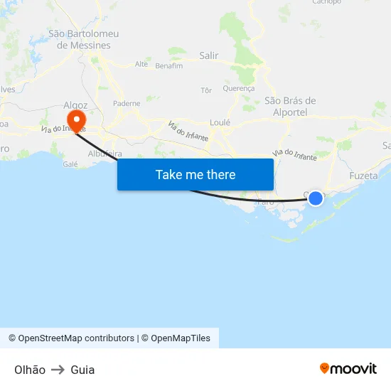 Olhão to Guia map
