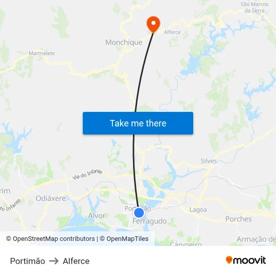 Portimão to Alferce map