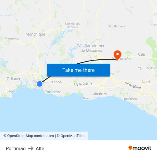 Portimão to Alte map