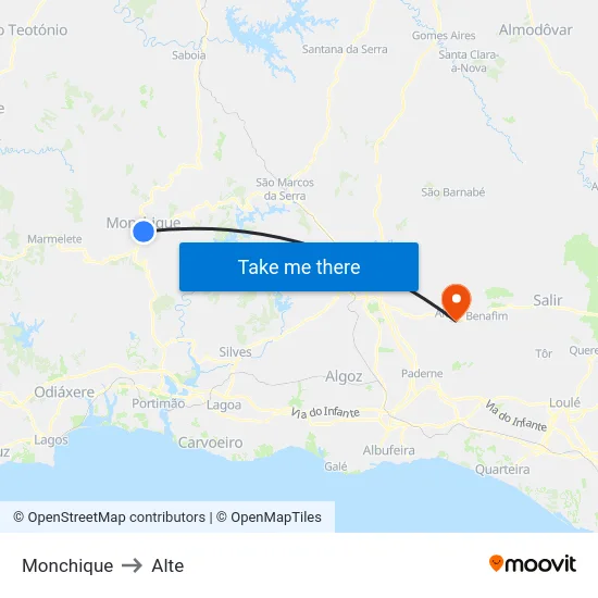 Monchique to Alte map