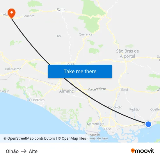 Olhão to Alte map
