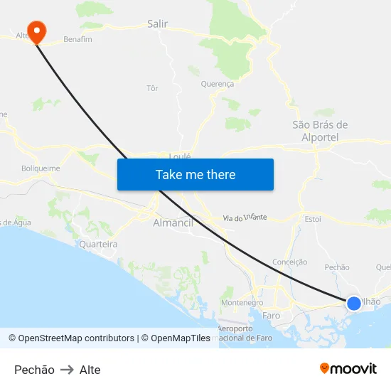 Pechão to Alte map