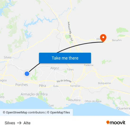 Silves to Alte map