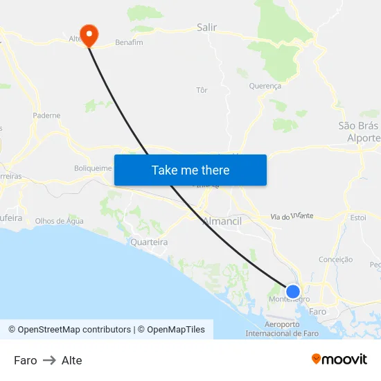 Faro to Alte map